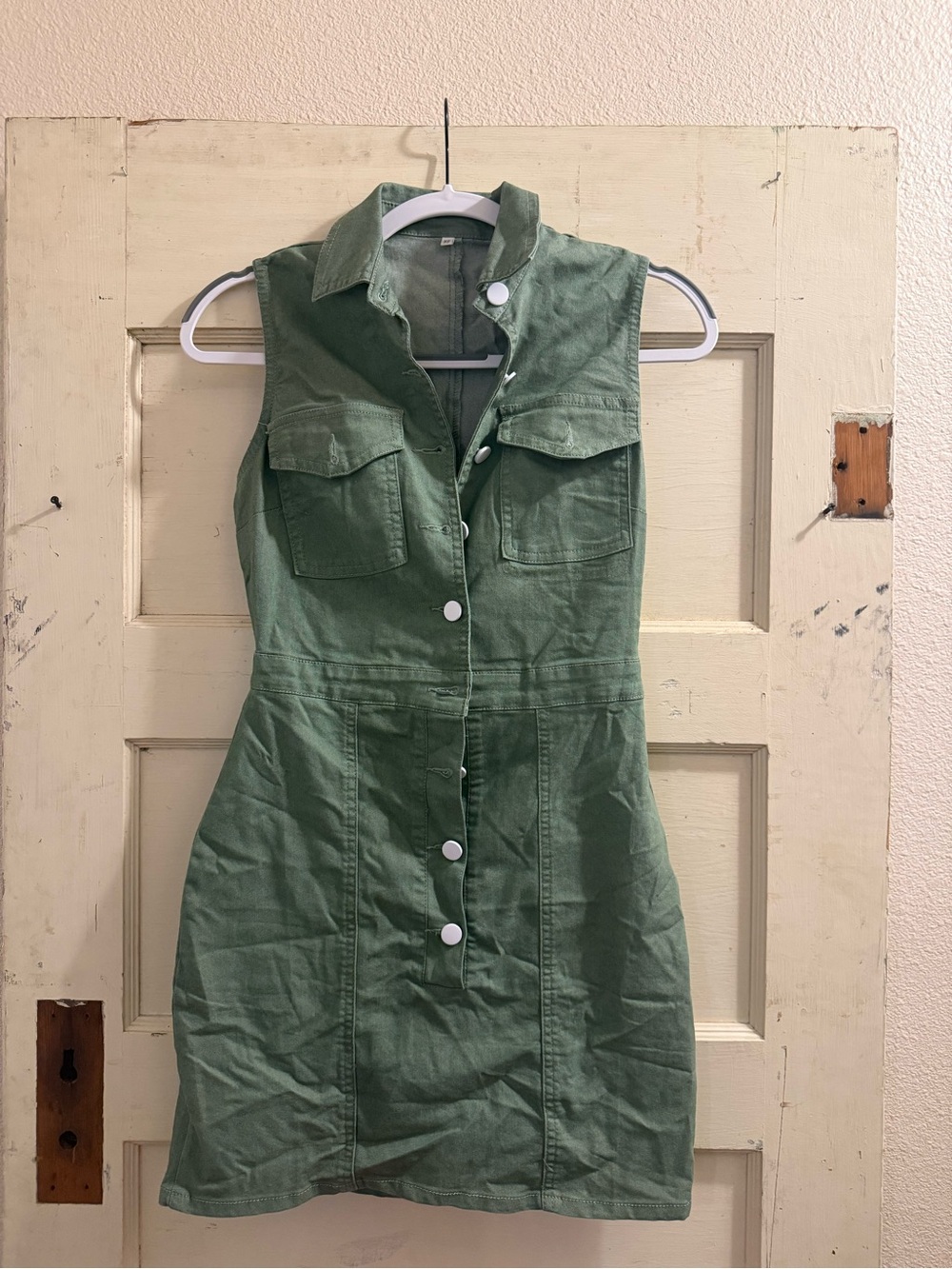Olive Green Utility Button Front Sleeveless Mini Dress – XS